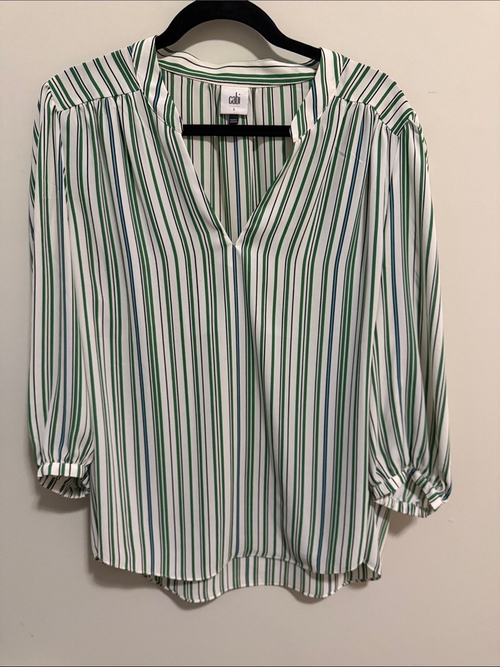 CAbi Green and White Striped V-Neck Blouse